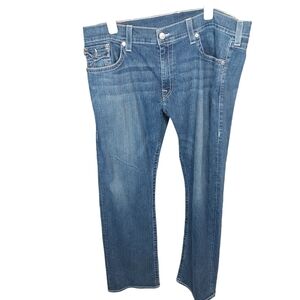 True Religion Jeans Mens 44 Ricky Relaxed Medium Wash Raw Hem Cut USA Made
